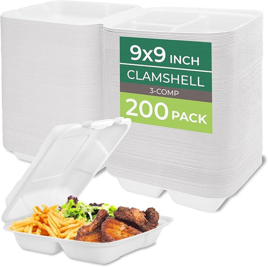 Freshware Clamshell Food Containers with Lids [9x9"] 3-Compartment 200-Pack, Disposable To Go Containers, Biodegradable Sugarcane To Go Boxes - Paper Containers - Microwave & Freezer Safe, Stackable by Freshware