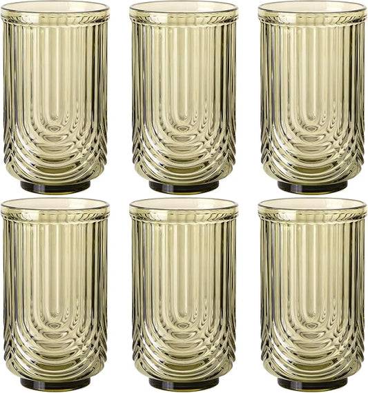 Green Vintage Drinking Glasses Set of 6-17oz Hand-Blown Highball Ribbed Glassware, Arch Design Cocktail Glasses for Whiskey Water Beverages Ice Coffee Juice Milk