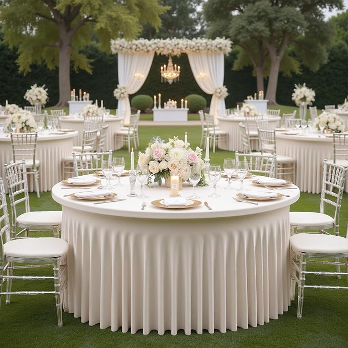 6 Pack Ivory Spandex Round Tablecloths for 72inch Table, Wrinkle Free 132in Stretchy Fitted 6ft Round Table Cloths Covers with Skirt for Wedding Birthday Parties Banquet Events - Image 8