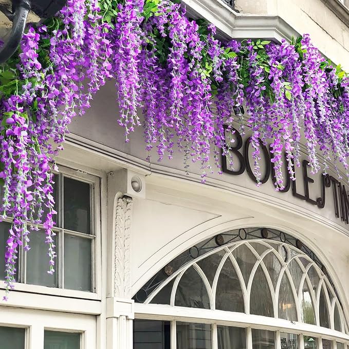 Alotiki Purple Wisteria Hanging Flowers,150 Pack Fake Hanging Flowers | Artificial Flowers for Outdoors, Fake Flowers Garland for Backdrop, Home Garden Wedding Decor, Wisteria Garland Wedding Arch - Image 7