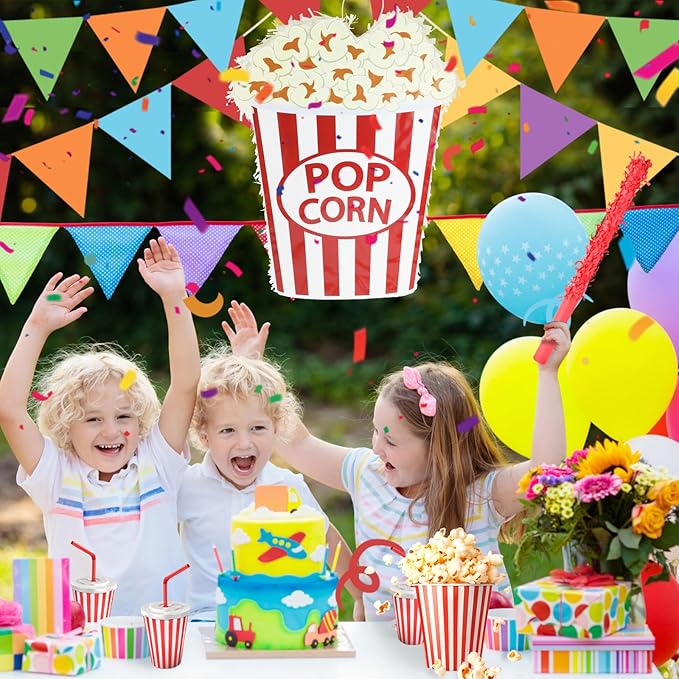 Popcorn Pinatas Bundle with a Blindfold and a Bat(16.5 x 12.5 x 3.5 Inches), Perfect for Fun Kid's Birthday Parties, Cinema Movie Theme Party Decoration Games