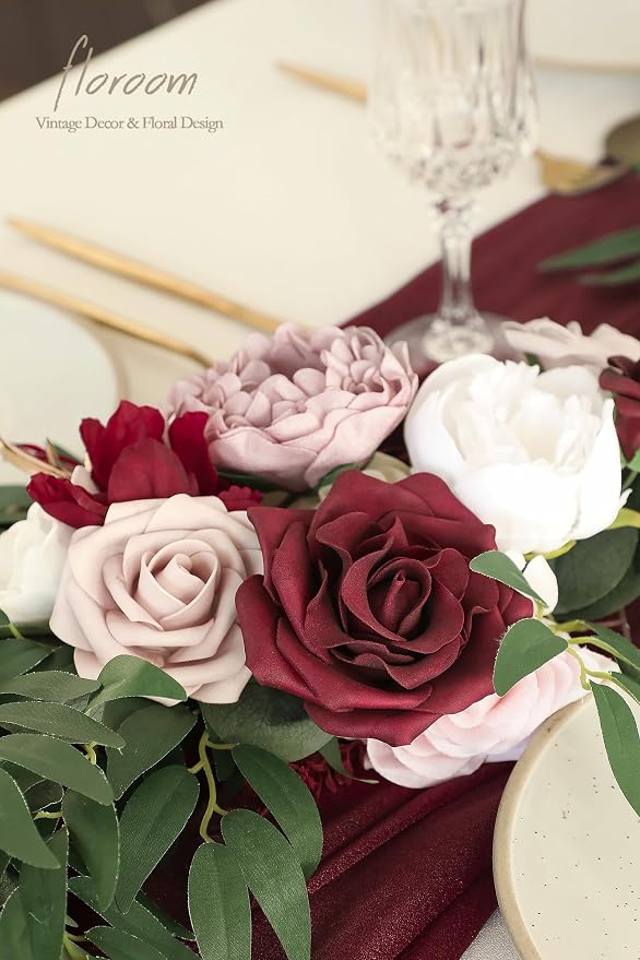 Floroom 6ft Artificial Eucalyptus Garland with Flowers Fake Greenery Faux Floral Vine Garland for Table Decor Wedding Centerpieces Bridal Shower Party Decorations, Burgundy & White - Image 4