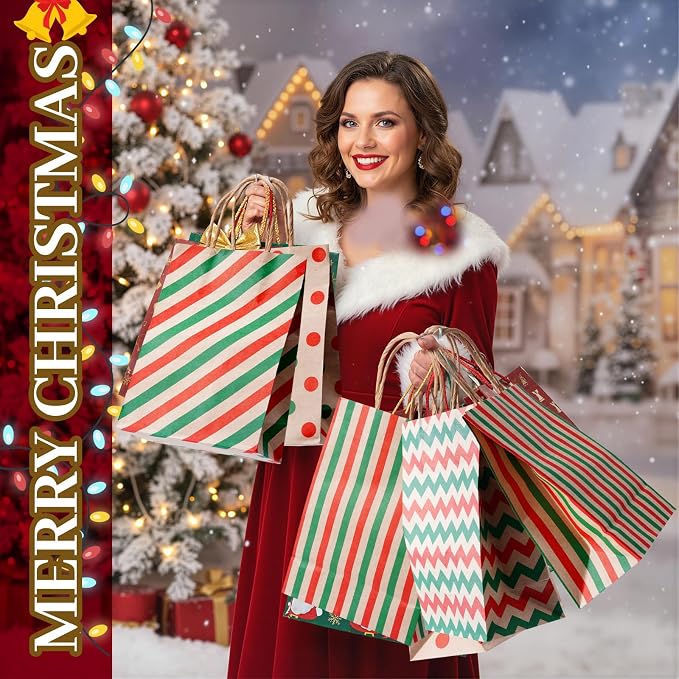 Colarr 100 Pcs Christmas Gift Bags Kraft Red Green Striped Dots Handles | Polka Dot Chevron Patterns, Party Favor Supplies, Treat Candy Goodie Bags, Holiday Wrapping, Twisted Handles for Carrying - Image 2