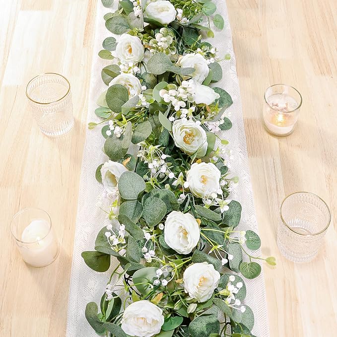 TOCHGREEN 2 Pack Artificial Eucalyptus Flower Garland with White Roses | Fake Rose Flower Greenery Garland Floral Vines for Wedding Centerpiece Backdrop Home Party Table Runner Decor by TOCHGREEN