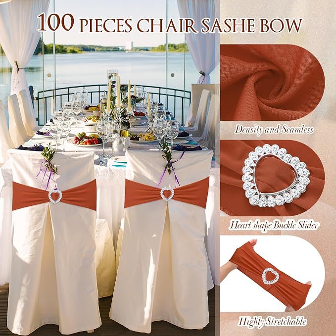 VitalCozy 100 Pcs Spandex Chair Sashes with Heart Buckle Slider,Terracotta - Image 3