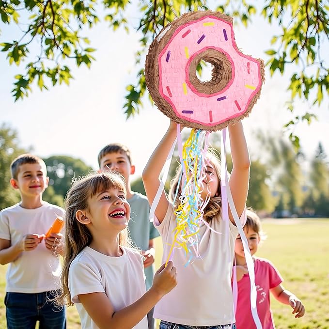 WERNNSAI Donut Piñata - Pink Donut Pinata with String Birthday Party Decorations Piñata with Stick Blindfold for Girls Kids Dount Pull String Pinata Family Games Birthday Party Supplies