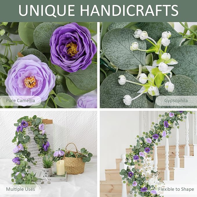 TOCHGREEN 4 Pack Artificial Eucalyptus Flower Garland with Purple Roses | Fake Rose Flower Greenery Garland Floral Vines for Wedding Aisle Centerpiece Backdrop Home Party Table Runner Decor - Image 5