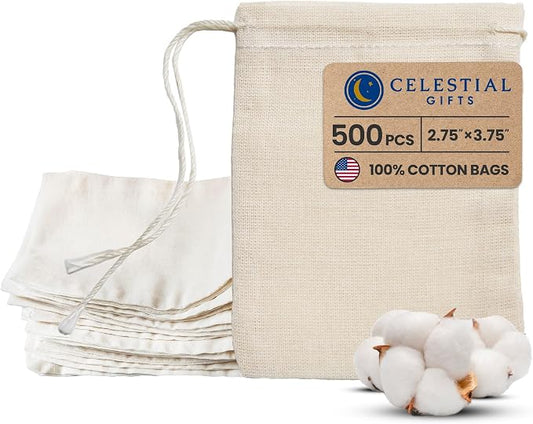 Celestial Gifts Small Drawstring Cotton Muslin Bags, 500pcs, 2.75x3.75 | Reusable Tea Bags, Jewelry Gift, Spice & Cotton Sachet, 100% Cotton, Made in USA, Natural Hem & Drawstring, Cloth Pouches by CelestialGifts