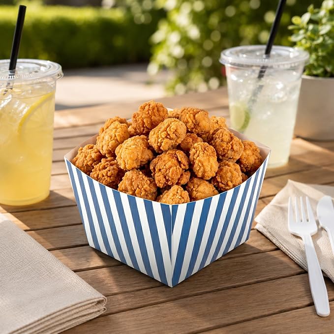 Restaurantware Bio Tek 5.3 x 5.3 x 3.3 Inch Popcorn Boxes 200 Square Mini Treat Boxes - Open-Top Design Grease Impermeable Blue And White Paper Party Favor Containers Disposable Versatile - Image 3