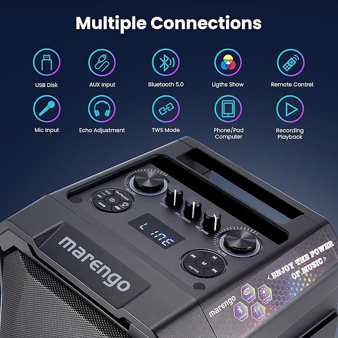 Karaoke Machine with 2 Wireless Microphones, Portable Bluetooth Party Karaoke Speaker with LED Lights, Bass/Treble Adjustment, TWS, 800W(Peak) PA System for Home Party, Supports USB/AUX/REC/Mic-in