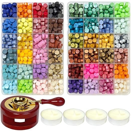 48Colors Sealing Wax Beads for WaxSeal Stamp with 4Pcs Tea Candles,1 Pcs Warmer and 1 Pcs Wax Melting Spoon for Gift Sealing, Wedding Invitation,Letter Envelopes,Sealing Wine Bottle