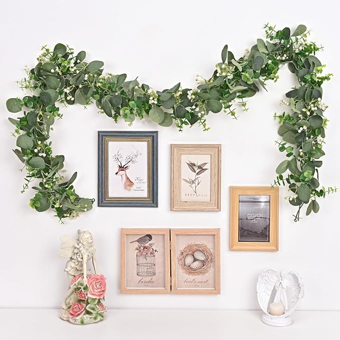 Dolicer 2 Packs 6FT Artificial Eucalyptus Garland Faux Greenery Garland | Fake Vines Hanging Silver Dollar Eucalyptus Leaves with White Seed for Wedding Backdrop Arch Table Wall Party Home Decor - Image 7