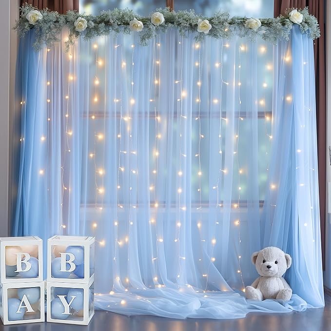 20ft x 10ft Blue Backdrop Curtain with Lights String for Parties, Sheer Tulle Wedding Photo Backdrops Drapes for Baby Shower Birthday Party Decorations Background for Photography - Image 2