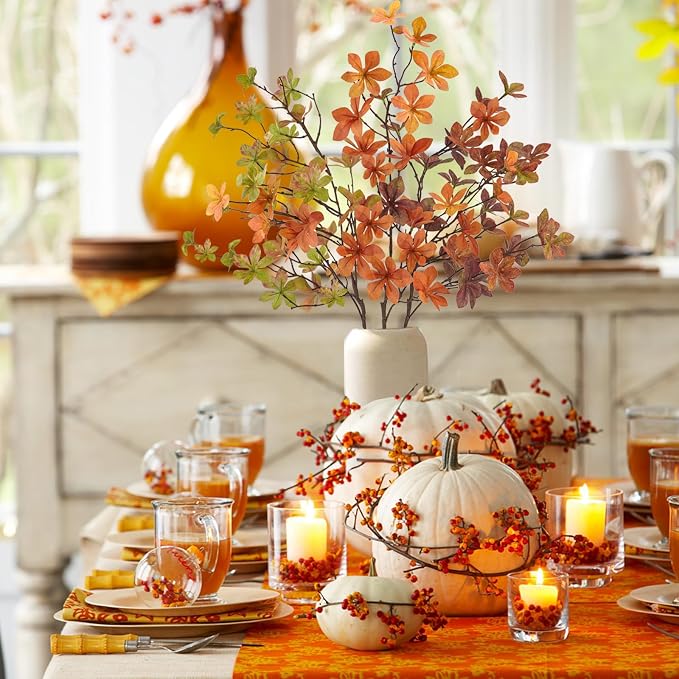 3 Pcs Fall Faux Greenery Stems, Artificial Fall Stem Branches Autumn Leaves with Stems Faux Fall Plants for Vase Home Festival Centerpieces Thanksgiving Fall Decor - Image 3