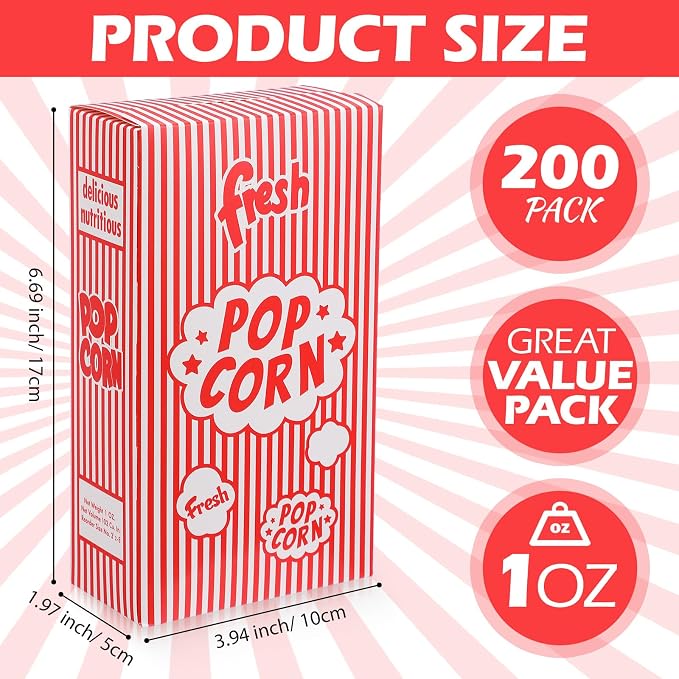 Ireer 200 Pcs 1oz Popcorn Boxes Popcorn Containers Bulk Red and White Striped Paper Boxes for Puffed Rice Machine Movie Night Party Theater Carnival Circus Party Supply - Image 2