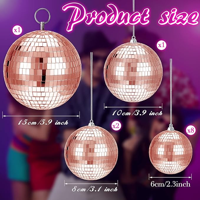 WILLBOND 12 Pack Disco Ball Mirror Ball with Hanging Ring for Fun Retro Disco Party Decorations Party Dj Lighting Effect Stage Props Game Accessories, 5.91", 3.94", 3.15", 2.36"(Rose Gold)