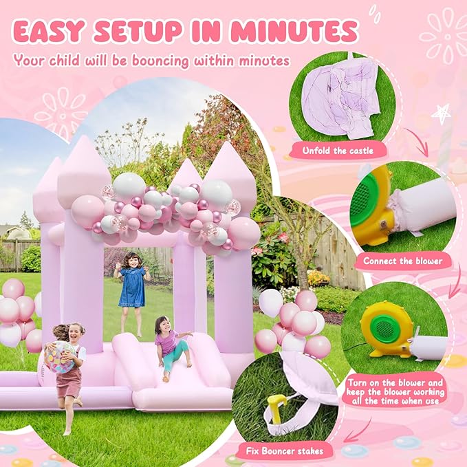 FBSPORT White Bounce House, Inflatable Bouncer with Air Blower,Indoor & Outdoor Bouncy Castle with Big Ball Pit for Wedding Party Kids Birthday Party, Easy to Install