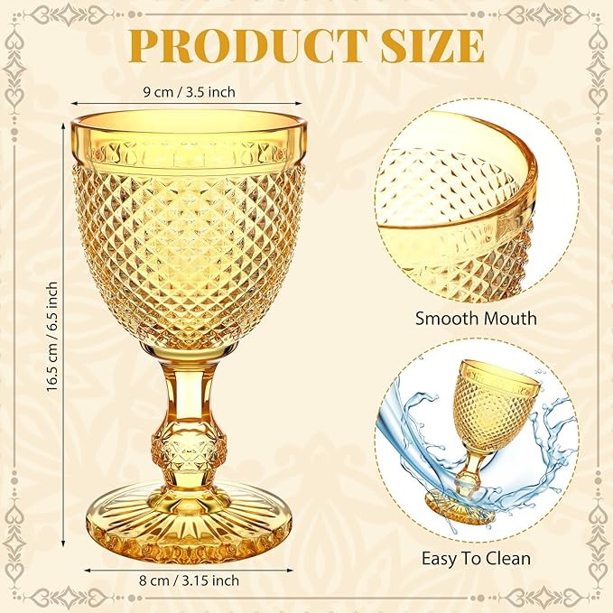 Bokon 6 Pack Amber Glass Goblets Set 10 oz High Clear Wine Glass Vintage Water Goblets Cups Embossed Diamond Design Glassware with Stem for Drinking Juice Liquor Party Wedding Bar