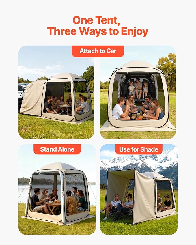 SUV Tailgate Tent VEVOR, 6 x 6 ft Pop-Up Screen House Canopy for 4–6 Person, Portable Screened Shelter with Carry Bag, for Car Camping, Backyard, Patio, Outdoor Activities
