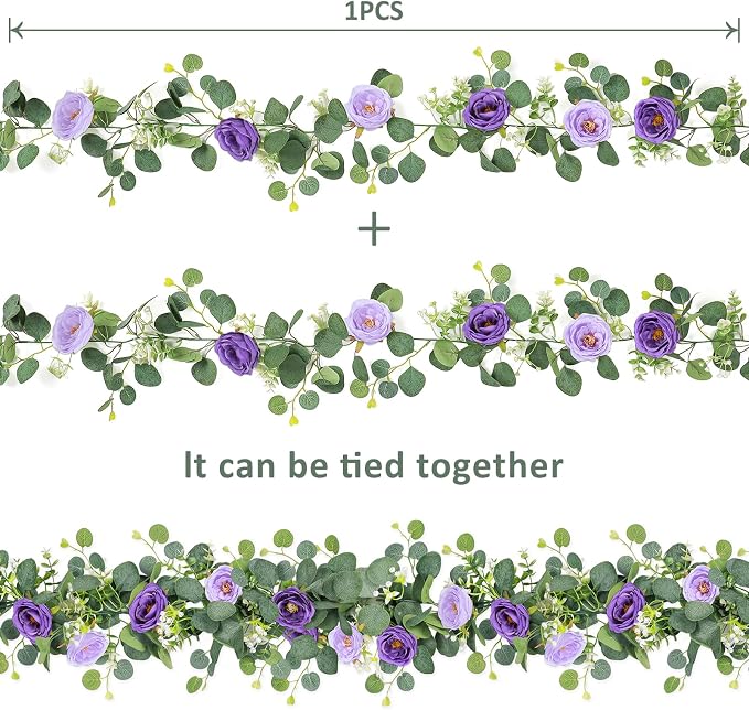 TOCHGREEN 4 Pack Artificial Eucalyptus Flower Garland with Purple Roses | Fake Rose Flower Greenery Garland Floral Vines for Wedding Aisle Centerpiece Backdrop Home Party Table Runner Decor - Image 4