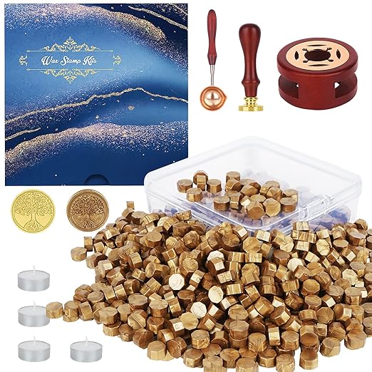 Wax Seal Stamp Kit - 357Pc Set with Wax Beads, Seal Stamp, Warmer, Spoon, Candles - Vintage Envelopes Letters Mailing Crafts Gift (Antique Gold)