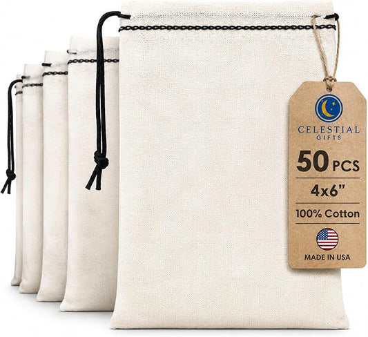Celestial Gifts 100% Cotton Drawstring Muslin Bags, Medium 4x6, 50 Pcs | Reusable Tea Bags, Jewelry Gift, Spice & Pouch Gift Sachet, Made in USA, Cloth Straining Bags, Black Hem & Drawstring by CelestialGifts