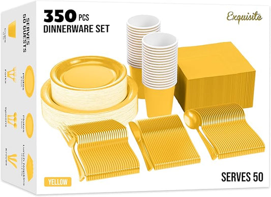 Exquisite Yellow Paper Plates Set 350 Pcs 50-9" & 50-7" Party Plates | Sturdy Paper Dinnerware Set With 9" & 7" Yellow Plates for Party, Dinners, Everyday & Birthday Supplies by Exquisite