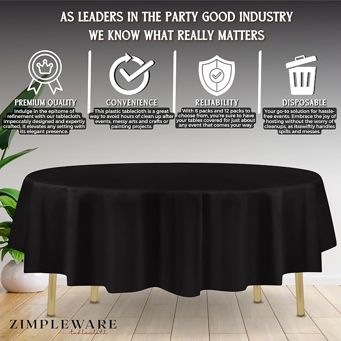 ZIMPLEWARE Black Standard Disposable Plastic Party Tablecloth [Case of 72] 84 x 84” Round Table Cover for Indoor & Outdoor Use - Image 4