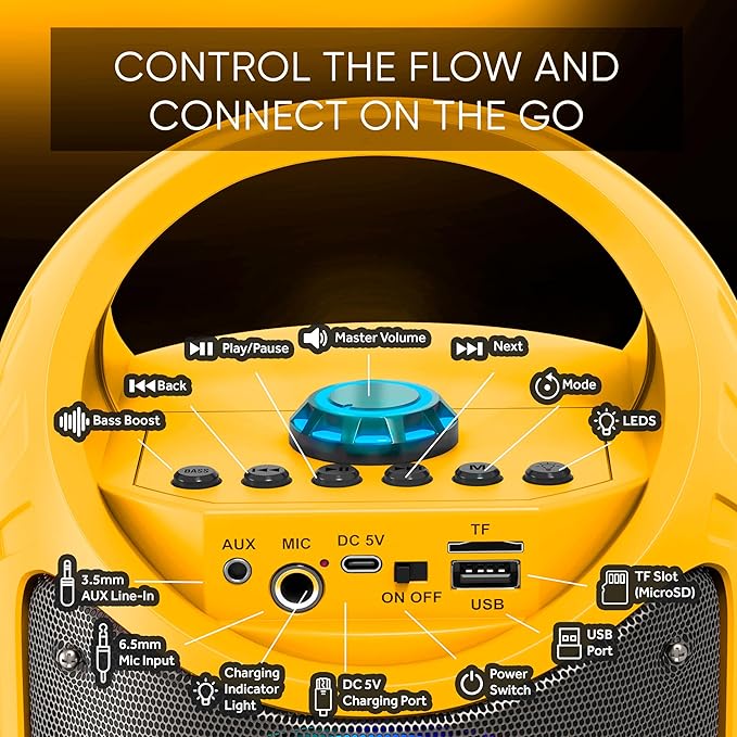 MASINGO Karaoke Machine for Kids and Adults with 1 Wireless Karaoke Microphone and 1 Wired Mic, PA Portable Speaker with LED Lights, Supports TF Card/USB, AUX/MIC in, TWS for Home Party, Burletta C10