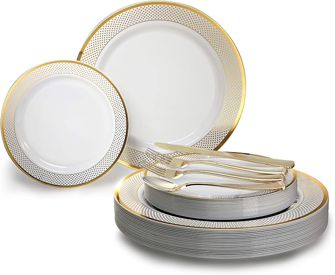" OCCASIONS " 150pcs set (25 Guests)-Wedding Plastic Plates & cutlery -Disposable heavyweight Dinnerware 10.5'', 7.5'' + Silverware w/double fork (Sundance in White & Gold) by OCCASIONSFINESTPLASTICTABLEWARE