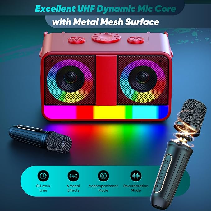 Karaoke Machine, Real 35W Portable Speaker,8H Long Time, 2 Rechargeable Wireless Microphones,LED,Karaoke Machine for Adults & Kids,BT/FM/USB/TF/AUX,for Home Party/Outdoors(CHJ171-Red)