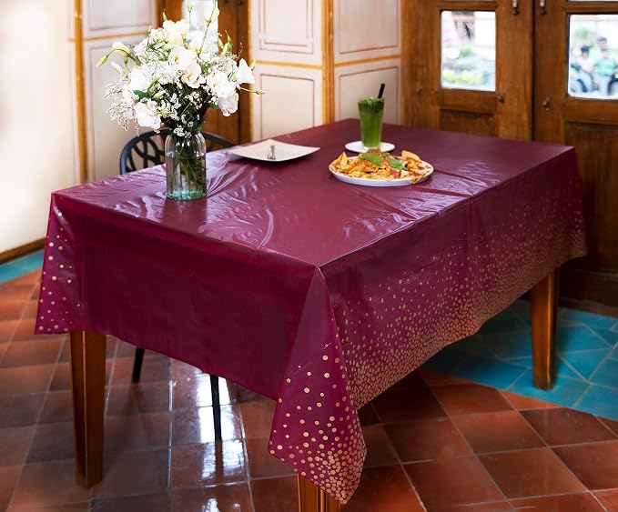 Neatiffy Disposable Plastic Table Cloth Roll with Slide Cutter | Waterproof Cover for Rectangle, Square, Oval Tables | Picnic, Party, Banquet, Birthdays, Weddings - Burgundy Gold Dots - Image 7
