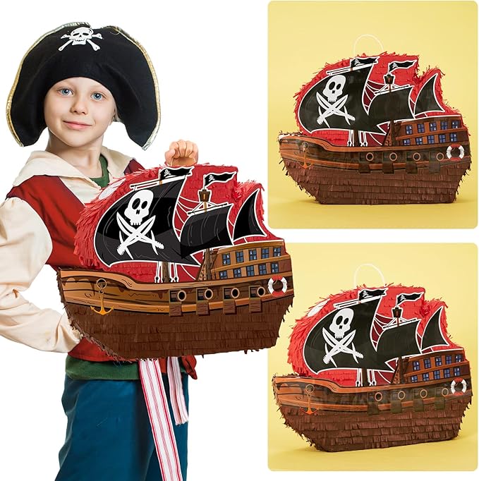 WERNNSAI Pirate Piñata - Pirate Ship Piñata with Blindfold and Bat for Boys Kids Caribbean Pirate Piñata Birthday Party Favors Decorations Family Games Pirate Party Supplies 16.4” x 12.4”