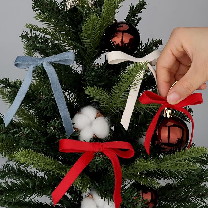 Velvet Ribbon Set - 3/8" x 20Yd, 4 Rolls in 4 Colors, Double Faced on Wooden Spool for Gift Wrapping, Christmas Decoration, Wreaths, Bow Making (Red-Green-Dusty Blue-Ivory) Febwind