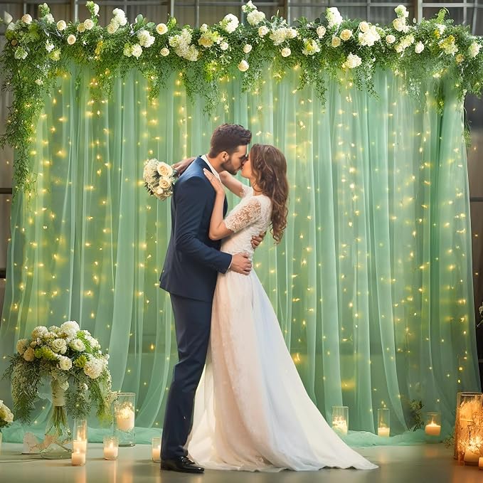 10ft x 10ft Green Backdrop Curtain with Lights String for Parties, Sheer Tulle Wedding Photo Backdrops Drapes for Baby Shower Birthday Party Decorations Background for Photography - Image 3