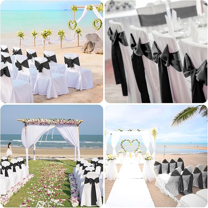 50 PCS Black Satin Chair Sashes Bows Universal Chair Ribbon Ties Back Sash for Wedding Party Reception Events Banquets Hotel Event Chair Cover Decoration (Champagne 7x108 inch) - Image 7