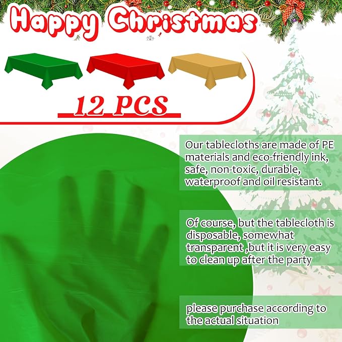 Patelai 12 Pcs Christmas Disposable Plastic Tablecloth for Rectangle Tables 54 x 108 Inch Waterproof Table Cover for Christmas Parties and Decorations (Gold,Red,Dark Green) - Image 3