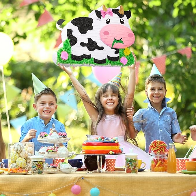 WERNNSAI Dairy Cow Piñata - Farm Animal Party Game Cow Pinata for Girls Birthday Party Decorations Kids Happy Party Favor Supplies with Bat Blindfold, Farm Theme Candy Toys Filler