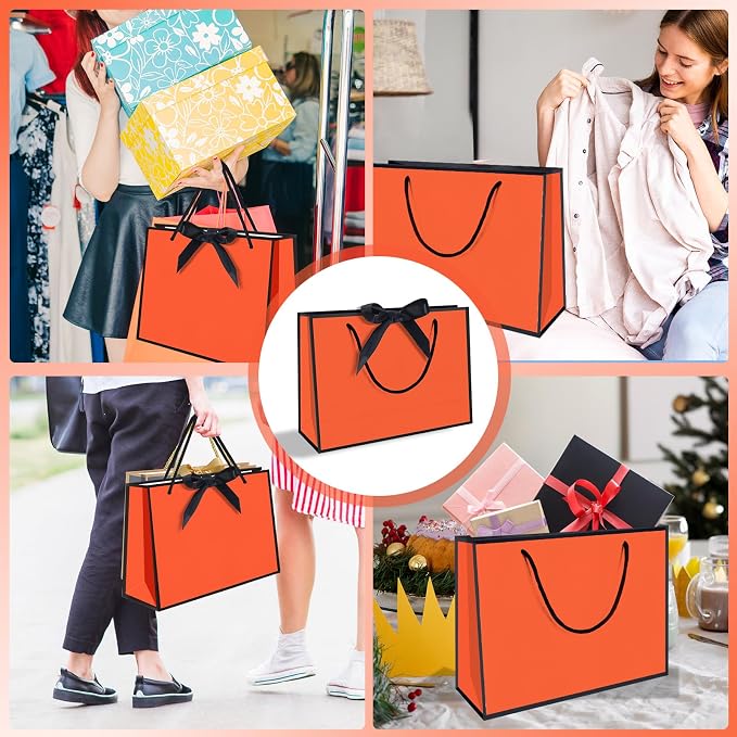 50 Pack Gift Bag with Bow Ribbon Horizontal Paper Gift Bags Bulk for Women Men Birthday Wedding Bridesmaid Party Favor Shopping Retail Gift Sacks (Orange, 11x4x8 Inch (Pack of 50)) - Image 6