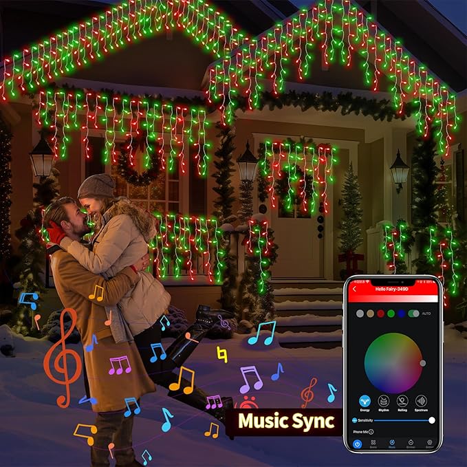 Gemce Smart RGB Icicle Lights, 66ft 608 LEDs Outdoor/Indoor Christmas Chasing Lights, 16 Million DIY Colors, Music Sync, 58+ Scene Modes, App Control for Holiday & Party Decor