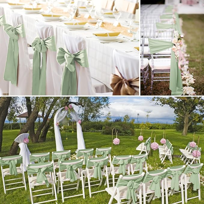 YMHPRIDE 60 PCS Sage Green Satin Chair Sashes,Ties Bows Designed Chair Sashes for Wedding Party Baby Shower Banquet Restaurant Hotel Folding Chairs Decoration(Sage Green,7x78 inch) - Image 7