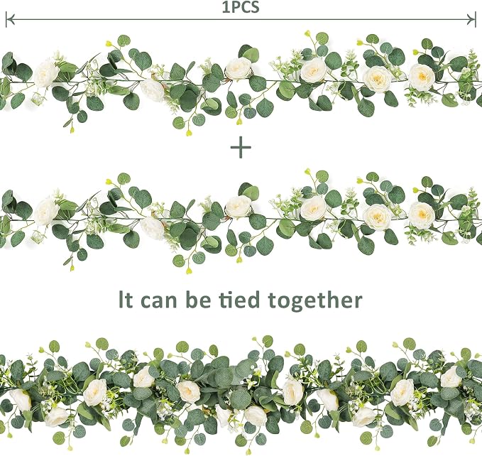 TOCHGREEN 2 Pack Artificial Eucalyptus Flower Garland with White Roses | Fake Rose Flower Greenery Garland Floral Vines for Wedding Centerpiece Backdrop Home Party Table Runner Decor - Image 4