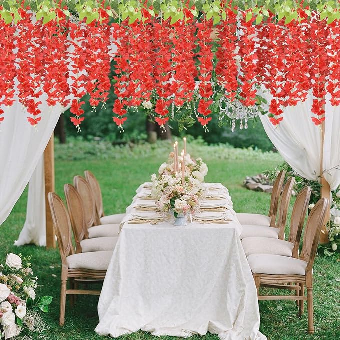U'Artlines 24 Pack (Total 86.4 Feet) Artificial Fake Wisteria Vine Rattan Hanging Garland Silk Flowers String Home Party Wedding Decor (24, Red) - Image 7