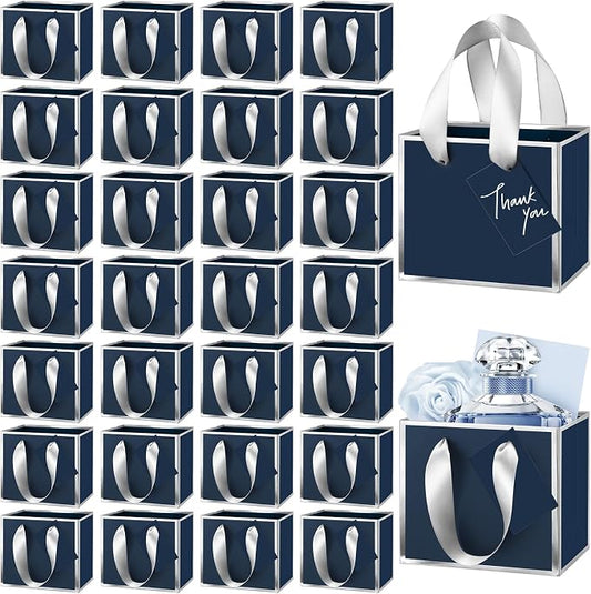 Yeaqee 100 Pcs Mini Metallic Paper Gift Bags with Handle, Navy Blue, Silver | 4.75x2.25x4'' Small Gift Bag with DIY Tag, Tiny Thank You Party Favor, Wedding Baby Shower Birthday Back to School Jewelry by Yeaqee