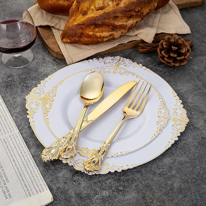 90 Pieces Gold Plastic Silverware - Heavy Duty Gold Disposable Utensils - Fancy Plastic Cutlery Set Includes 30 Forks, 30 Spoons, 30 Knives for Dinner Parties Weddings