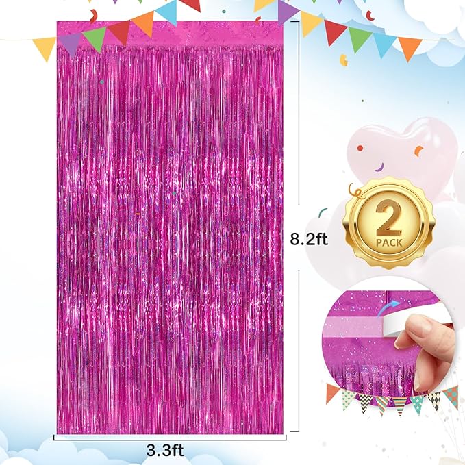Rose Pink Party Streamers 2 Pack Glitter Foil Fringe Curtain 3.3 x 8.3ft Pink Party Decor Photo Booth Streamers Metallic Tinsel Door Streamer for Christmas Baby Shower Halloween Decorations