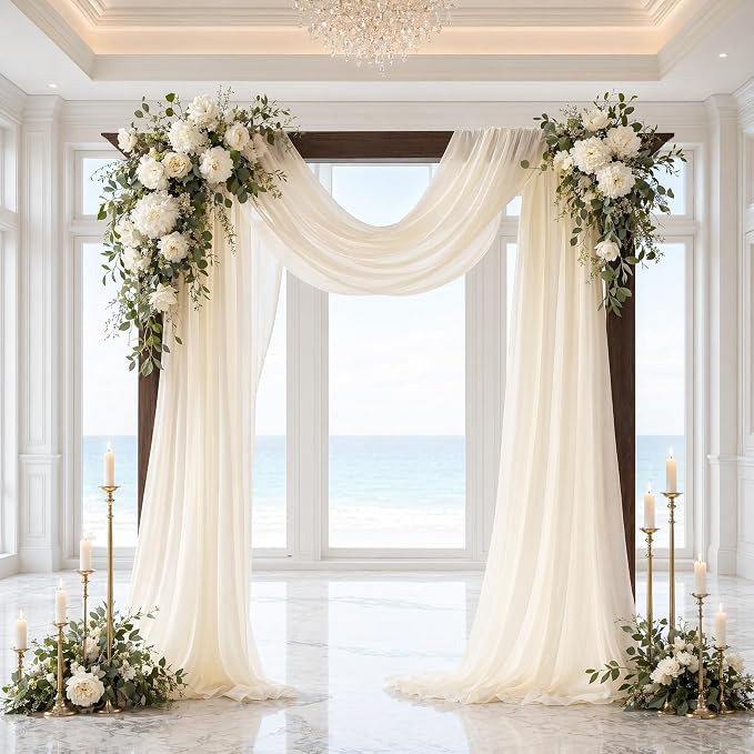AMZLOKAE Ivory Chiffon Wedding Arch Draping 18FT 2 Panels - Image 2