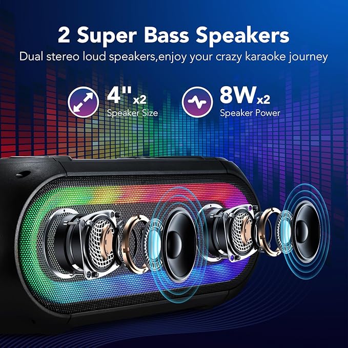 Delxo Karaoke Machine with 2 Wireless Microphones for Adult, Powerful Portable Bluetooth Speaker Loud for Party, PA System Remote Singing Machine with LED Lights, Support BT TWS USB TF, Gift