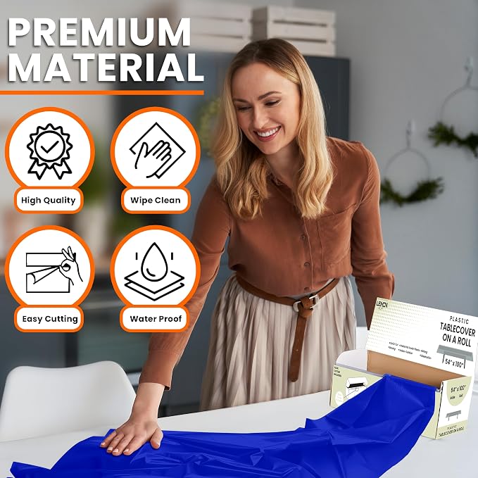 LEMON + Co. Blue Premium Plastic Tablecloth Roll - 54" x100' for Parties with Cutter Box - Cut to Size Rectangle & Round Disposable Tablecloth Plastic Table Cover - Image 2