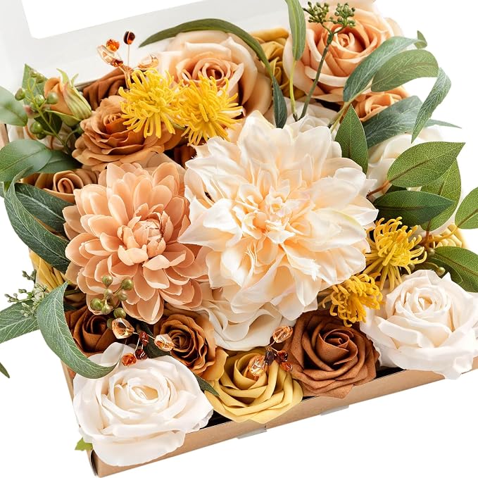 Ling's moment Fake Flowers Box, Cream & Apricot Grand Combo | Faux Artificial Greenery Stems, Foam Roses, Silk Eucalyptus, For Centerpieces Bouquet Wedding Vase Floral Decorations by LingsMoment